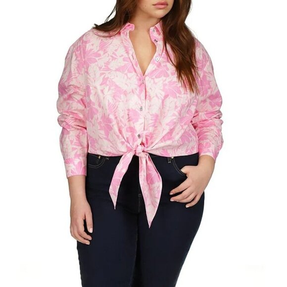 NWT MICHAEL Michael Kors Woven Palm Printed Tie Front Blouse in Bouquet Size: 3X - Picture 1 of 3